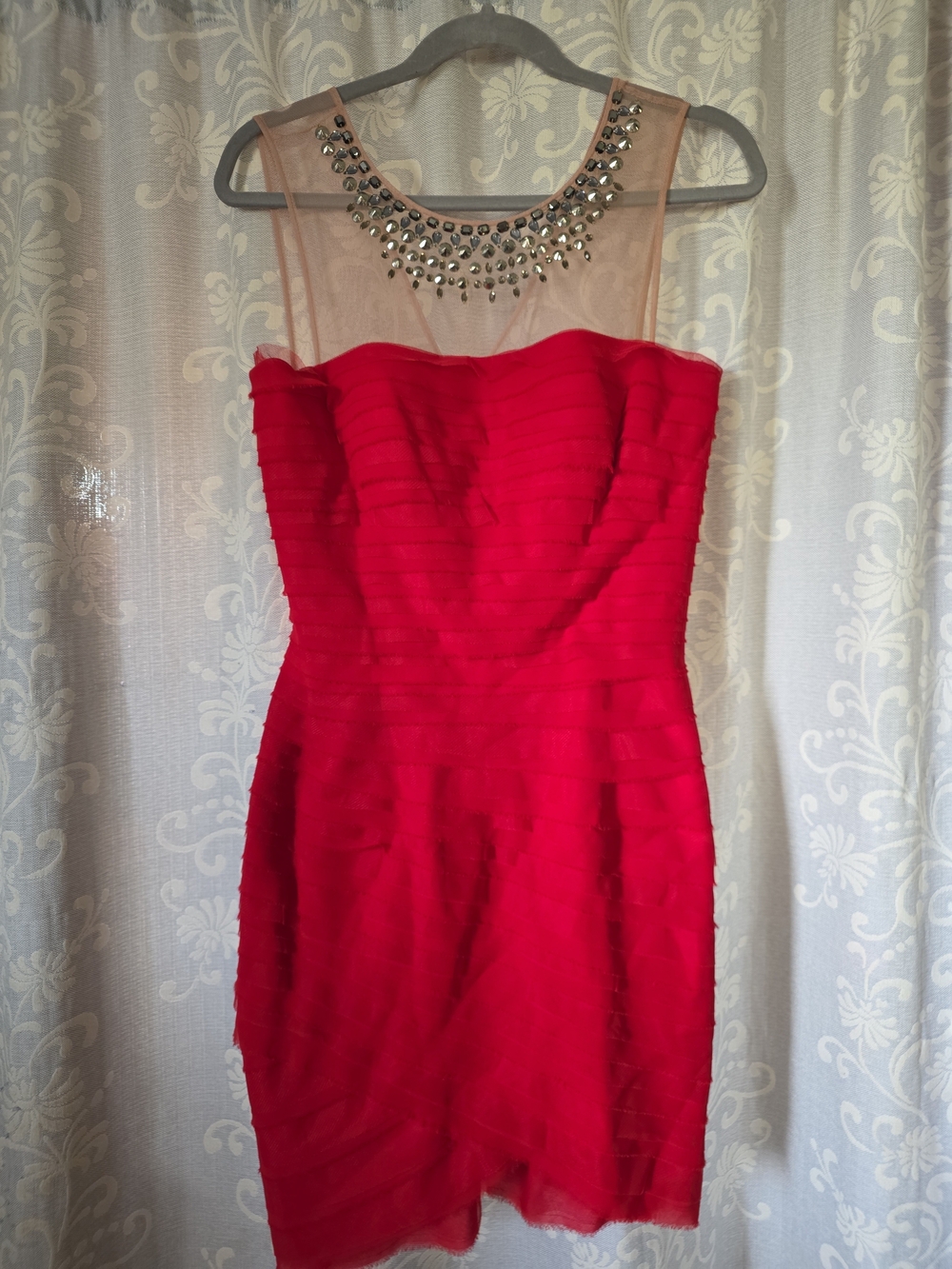Bcbgmaxazria Red Mesh Cocktail Dress with Embellished Illusion Neck Sz 8